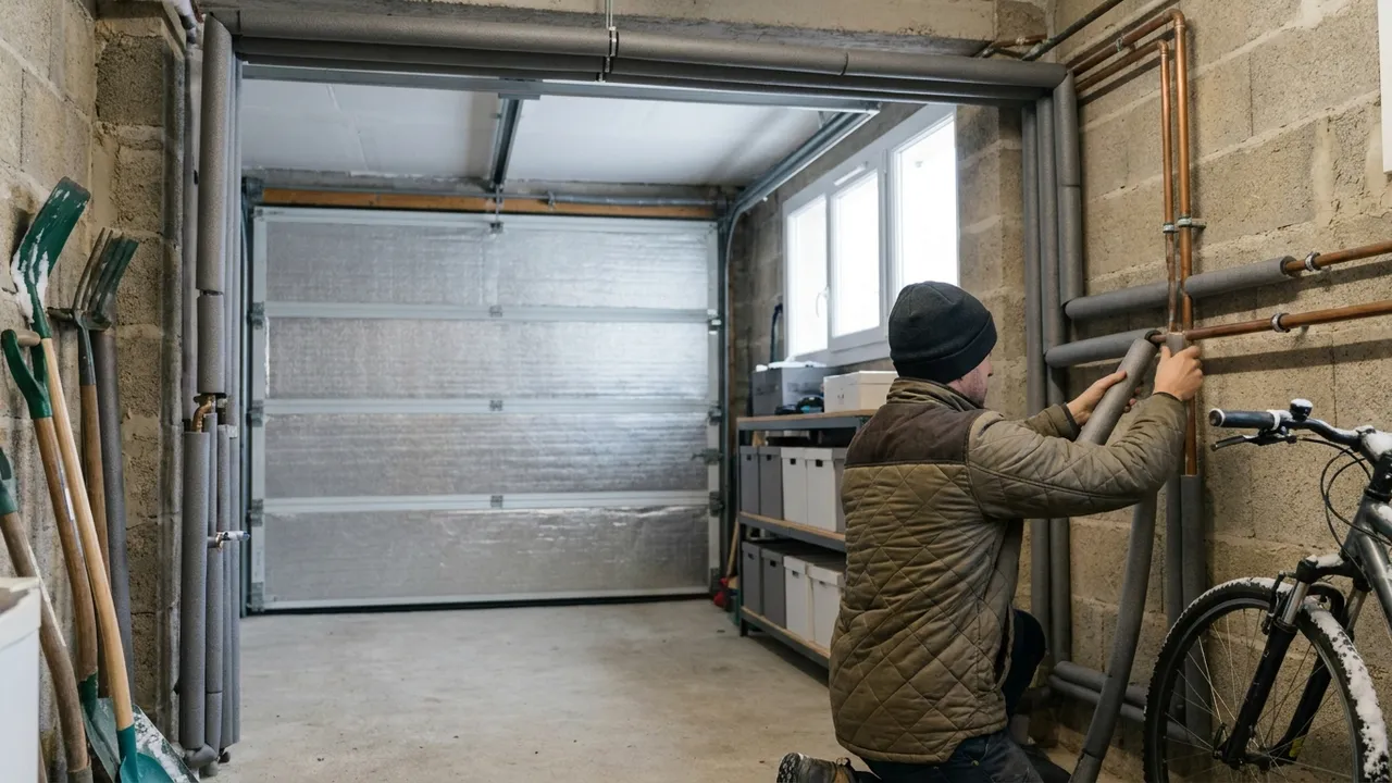 Isolation de canalisations avec des manchons en mousse dans le garage d'un pavillon de Sartrouville